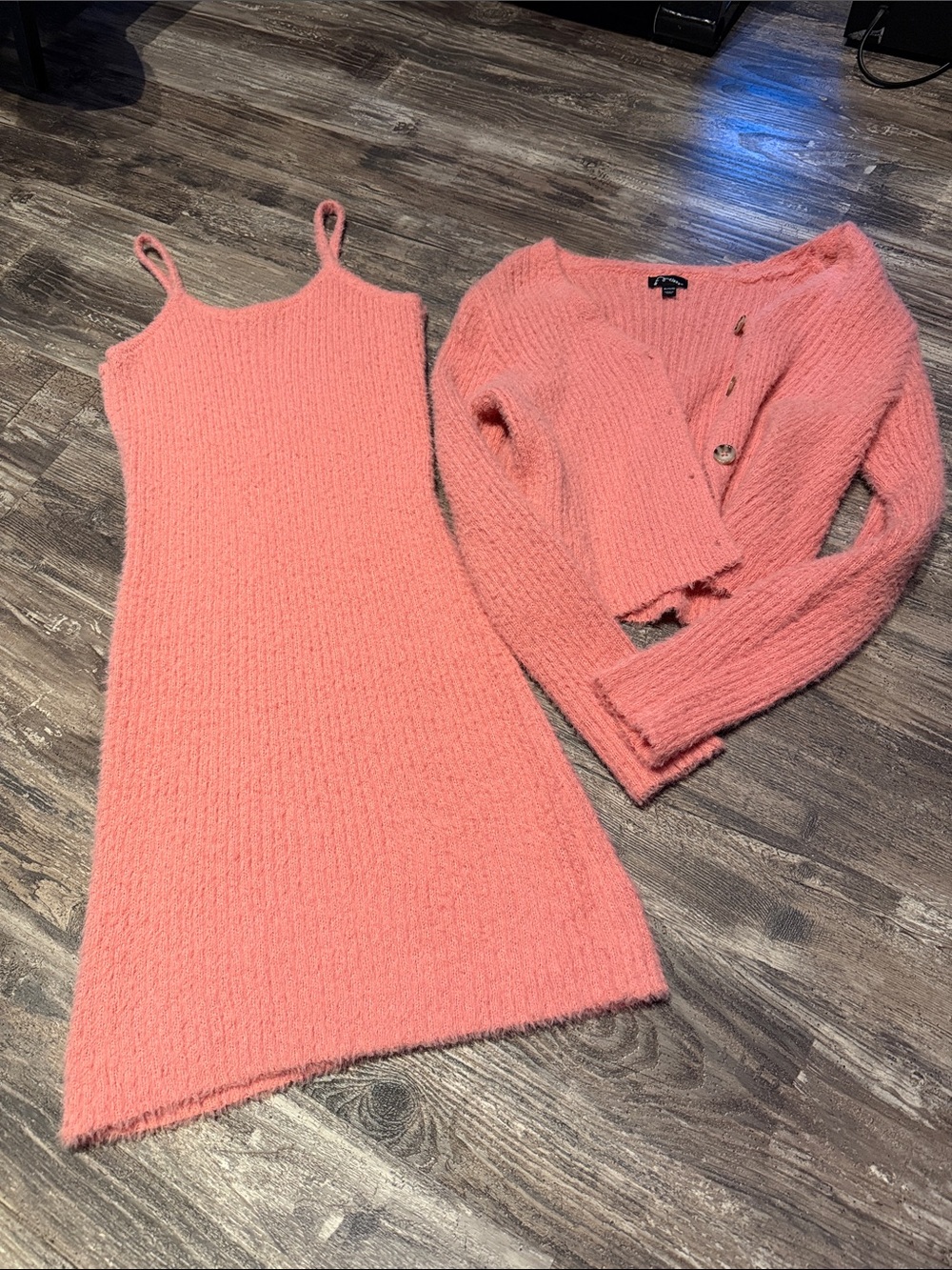 art class Coral Pink Knit Slip Dress with Matching Cardigan
